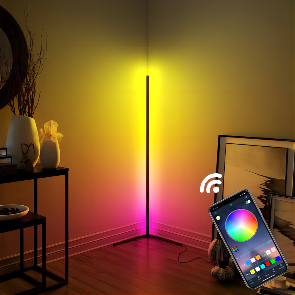 Floor Lamp Basic, LED Corner Lamp, Smart Modern Floor Lamp with Music Sync and 16 Million DIY Colors, Color Changing Standing Lamp for Bedroom Living Room Black
