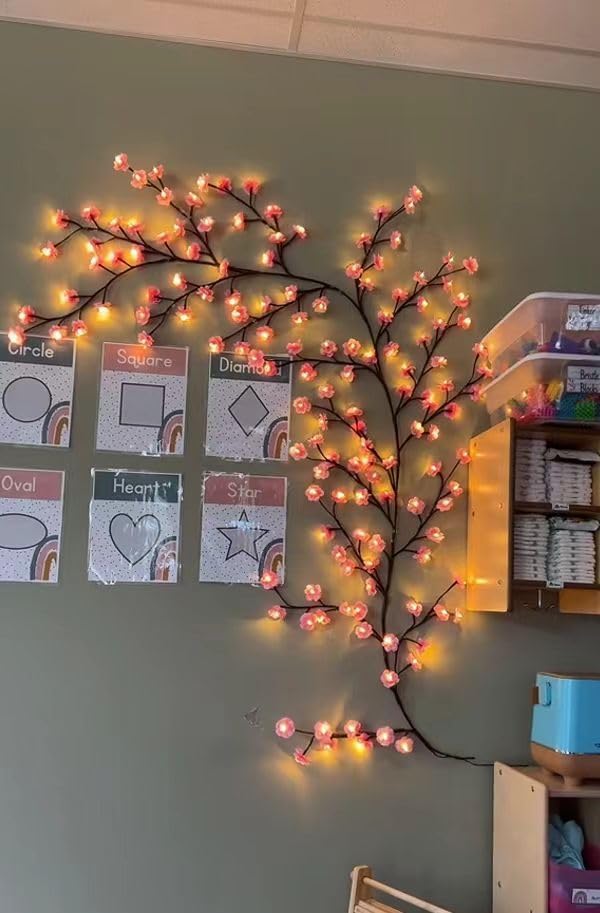 Cherry blossoms/Rose LED Tree Branch Lights for Wall,Easter Egg Willow Vine Twig Decor,USB Interface,with 144 LED Lights and Remote,8 Lighting Modes,for Home,Walls,Doors Windows (90inch)