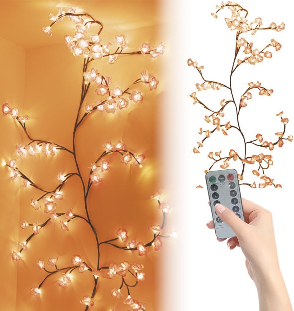 Cherry blossoms/Rose LED Tree Branch Lights for Wall,Easter Egg Willow Vine Twig Decor,USB Interface,with 144 LED Lights and Remote,8 Lighting Modes,for Home,Walls,Doors Windows (90inch)