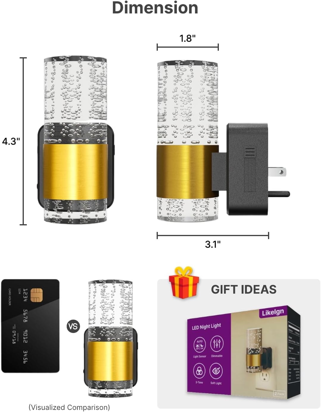 Night Light Plug into Wall, Dimmable LED Night Lights, Adjustable Color, Modern Acrylic Nightlight for Bathroom, Bedroom, Hallway, Stairway