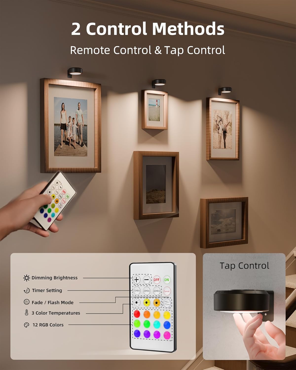 Picture Lights for Wall, 1000mAh Rechargeable Battery Magnetic Poster Lights with 3 Color Temps & 12 RGB, Remote Dimmable Timer Painting Light, Wall Decor Light for Art Display, Frame (3 Pack)