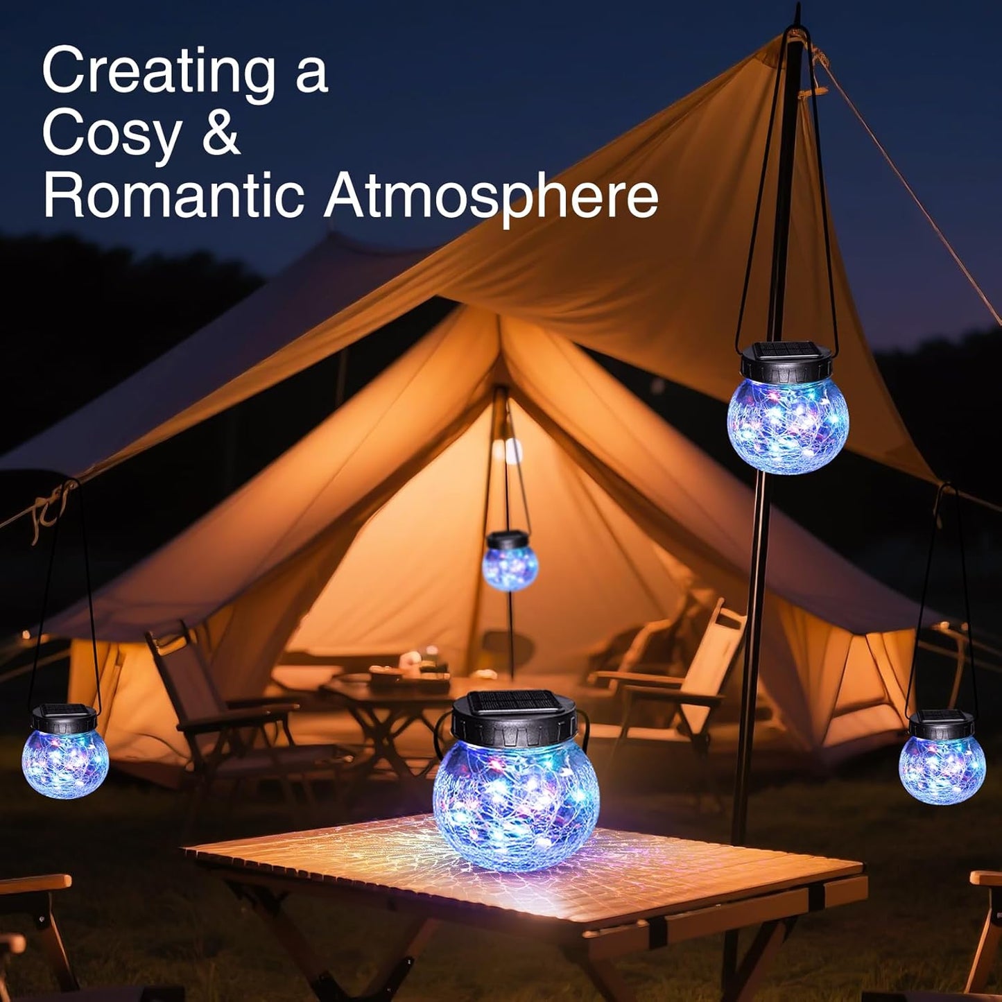 Solar Lanterns Outdoor Waterproof 2 Pack, Hanging Solar Lights with 30 LED, Cracked Glass Hanging Globes for Garden Patio Fence Yard Christmas Tree Decoration