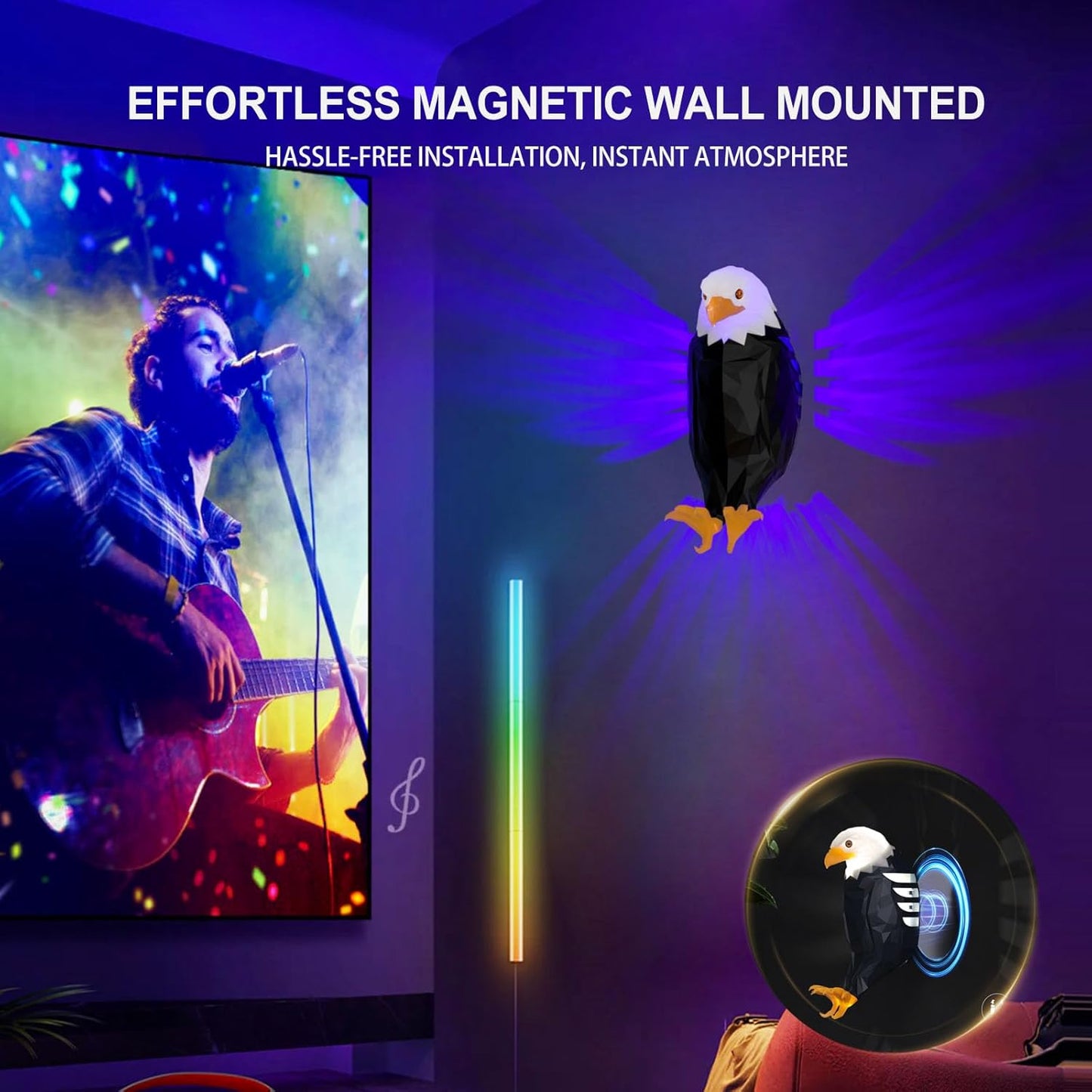 Bald Eagle Wall Light 8 Colors & 4 Modes, Magnetic Mounted, Motion Sensor, Timer, Type-C Rechargeable Night Light for Bedroom, Living Room, Gaming & Gift