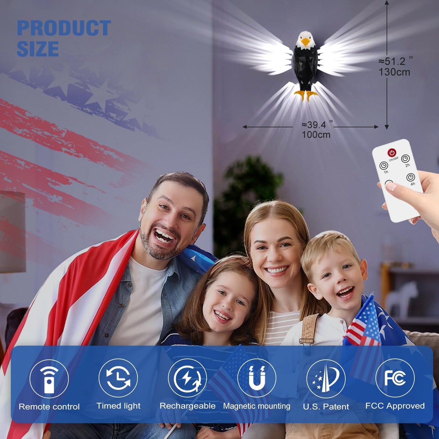 Bald Eagle Wall Light 8 Colors & 4 Modes, Magnetic Mounted, Motion Sensor, Timer, Type-C Rechargeable Night Light for Bedroom, Living Room, Gaming & Gift