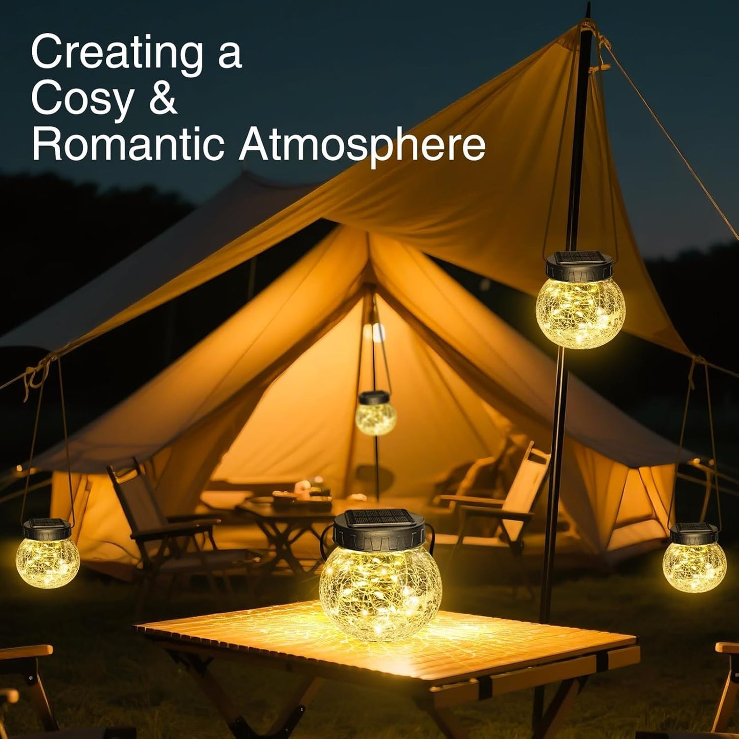 Solar Lanterns Outdoor Waterproof 2 Pack, Hanging Solar Lights with 30 LED, Cracked Glass Hanging Globes for Garden Patio Fence Yard Christmas Tree Decoration