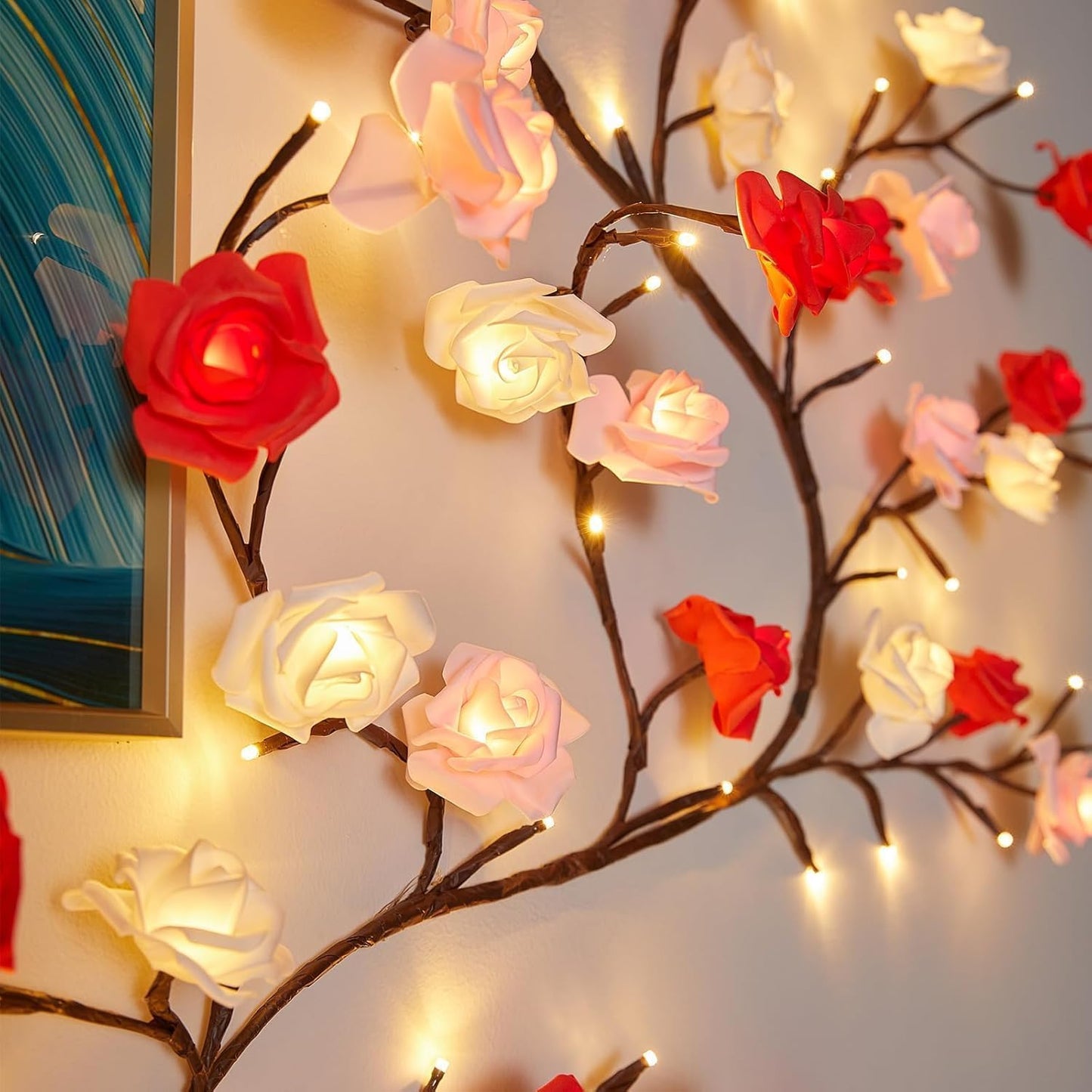 Cherry blossoms/Rose LED Tree Branch Lights for Wall,Easter Egg Willow Vine Twig Decor,USB Interface,with 144 LED Lights and Remote,8 Lighting Modes,for Home,Walls,Doors Windows (90inch)