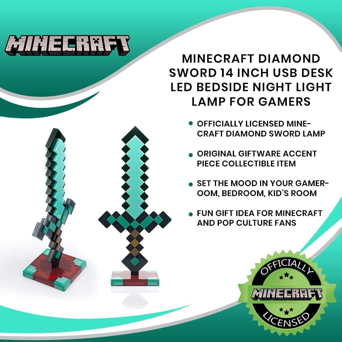 Diamond Sword 14 Inch USB Desk LED Night Light - Decorative, Fun, Safe & Awesome Bedside Mood Lamp Toy for Baby, Boys, Teen, Adults & Gamers - Best for Home's Bedroom, Living Room Or Office