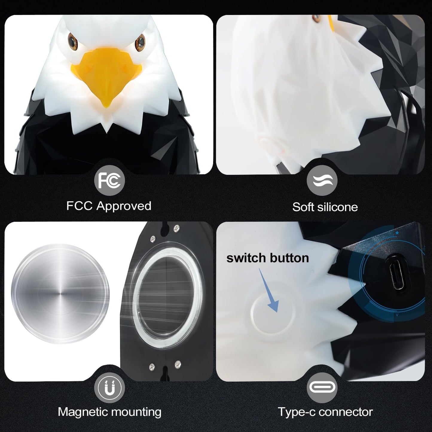 Bald Eagle Wall Light 8 Colors & 4 Modes, Magnetic Mounted, Motion Sensor, Timer, Type-C Rechargeable Night Light for Bedroom, Living Room, Gaming & Gift
