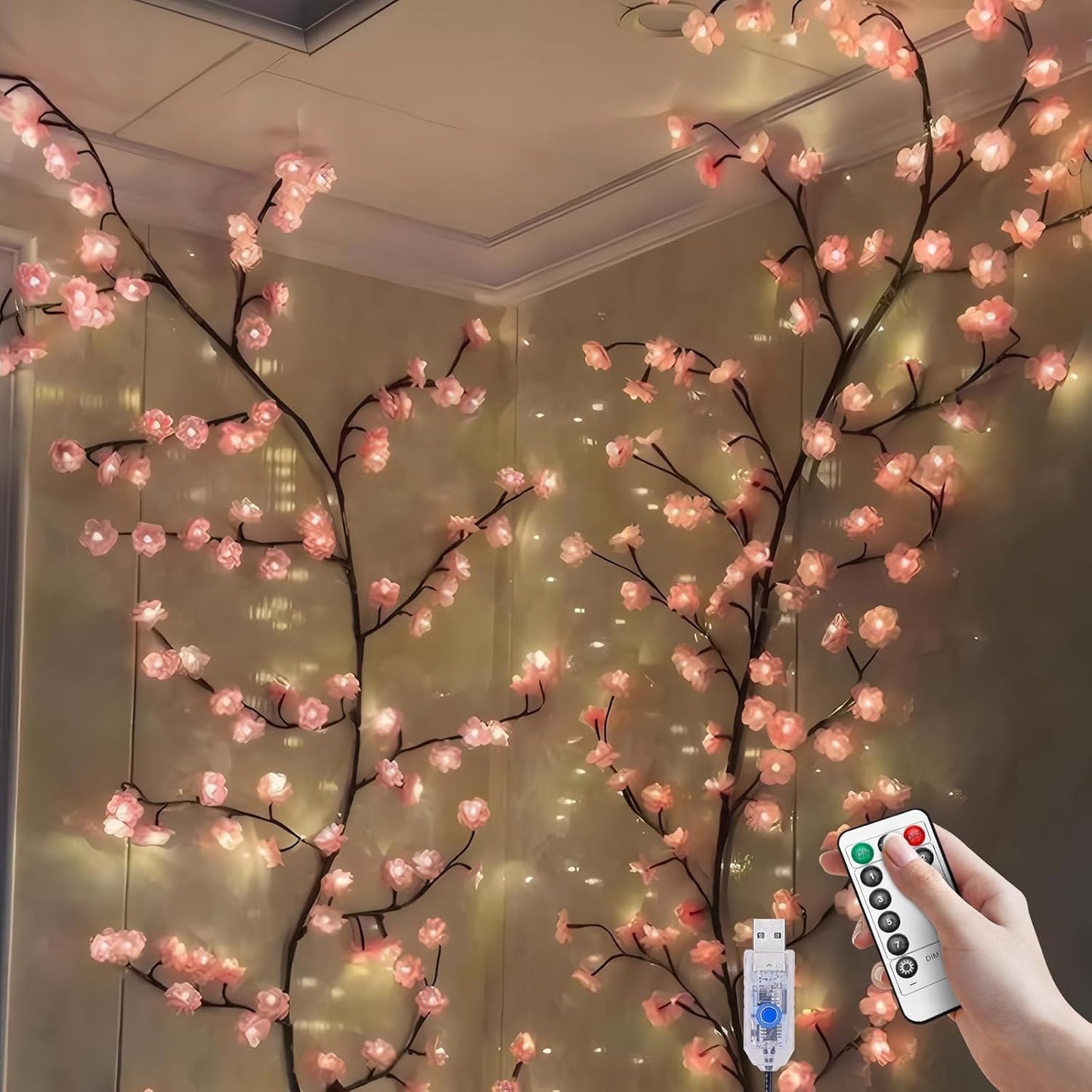 Cherry blossoms/Rose LED Tree Branch Lights for Wall,Easter Egg Willow Vine Twig Decor,USB Interface,with 144 LED Lights and Remote,8 Lighting Modes,for Home,Walls,Doors Windows (90inch)