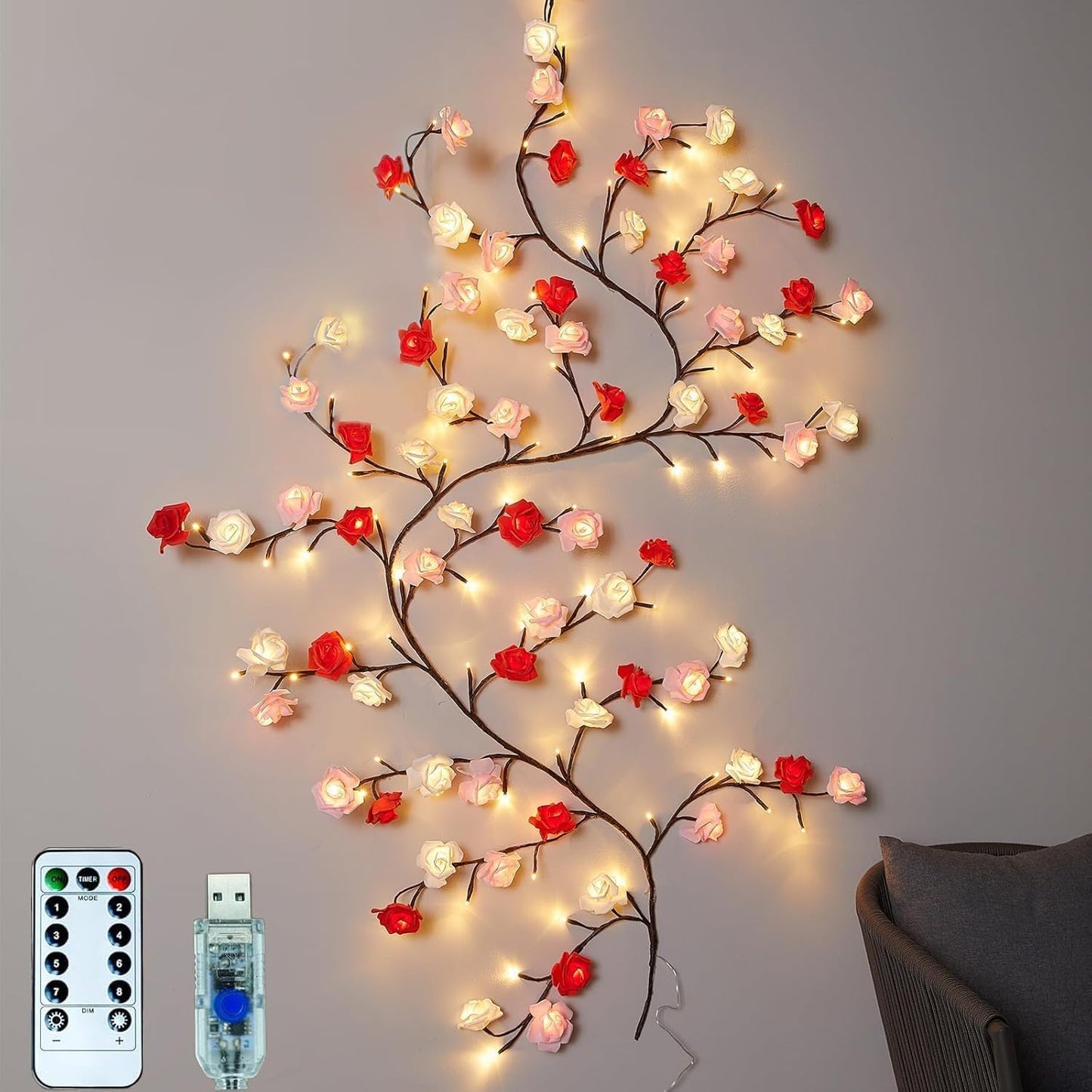 Cherry blossoms/Rose LED Tree Branch Lights for Wall,Easter Egg Willow Vine Twig Decor,USB Interface,with 144 LED Lights and Remote,8 Lighting Modes,for Home,Walls,Doors Windows (90inch)
