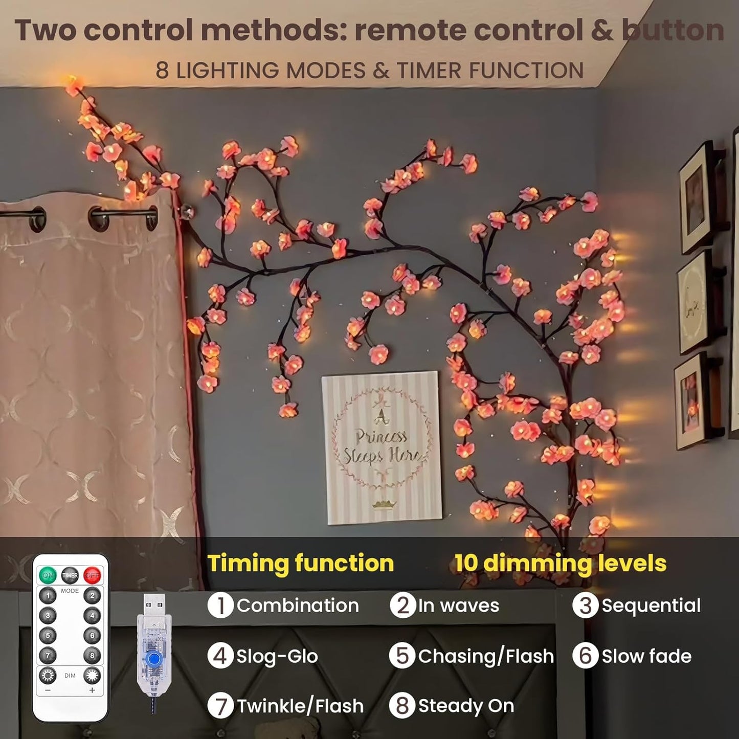 Cherry blossoms/Rose LED Tree Branch Lights for Wall,Easter Egg Willow Vine Twig Decor,USB Interface,with 144 LED Lights and Remote,8 Lighting Modes,for Home,Walls,Doors Windows (90inch)
