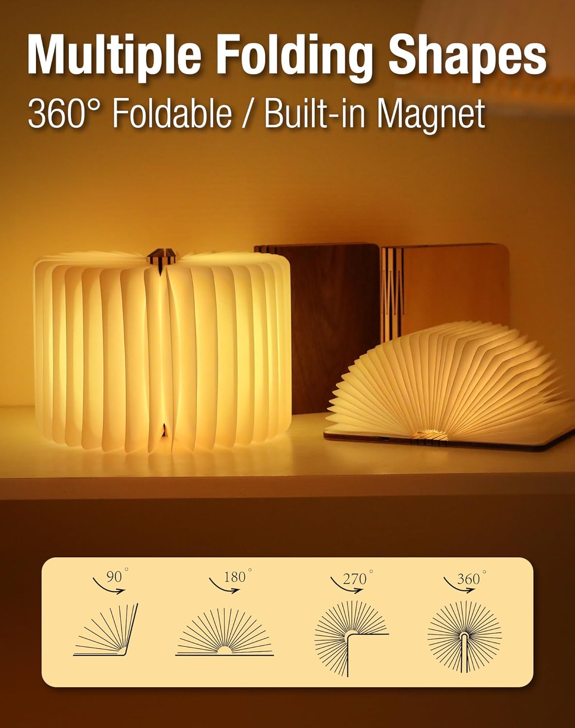 5.7 Inch Wooden Book Lamp - Portable Folding LED Book Light for Reading, Home & Library Decor, Unique Gift for Book Lovers, Magnetic Book-Shaped Night Light