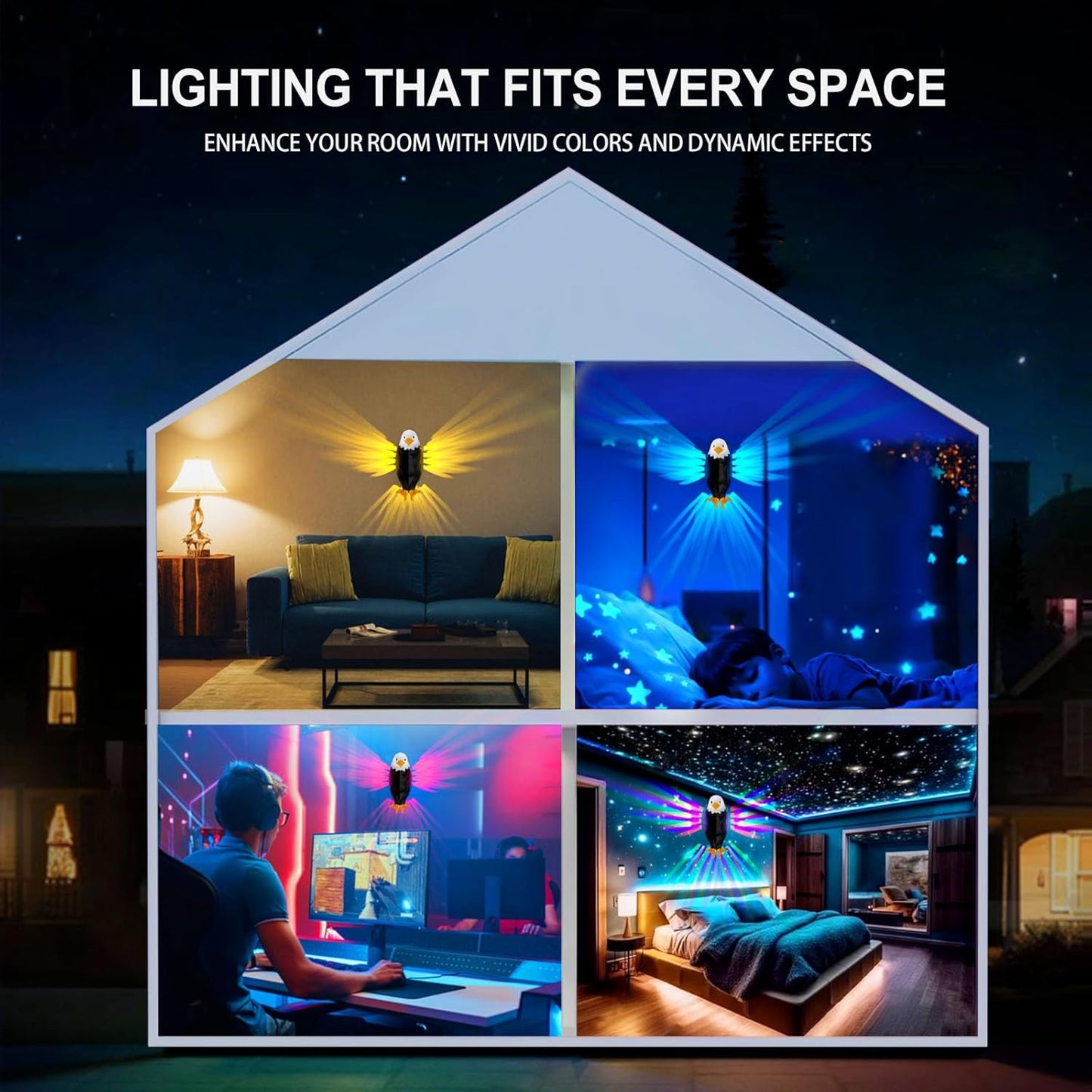 Bald Eagle Wall Light 8 Colors & 4 Modes, Magnetic Mounted, Motion Sensor, Timer, Type-C Rechargeable Night Light for Bedroom, Living Room, Gaming & Gift