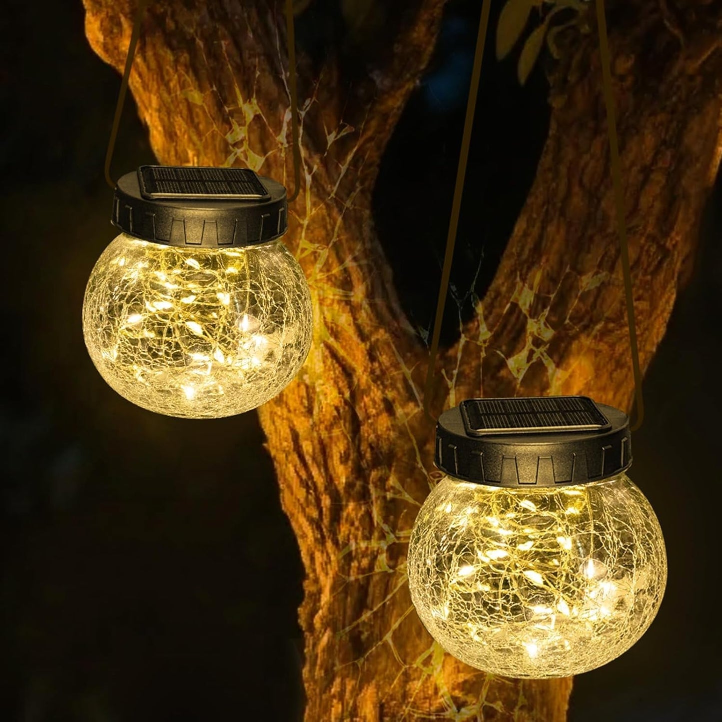 Solar Lanterns Outdoor Waterproof 2 Pack, Hanging Solar Lights with 30 LED, Cracked Glass Hanging Globes for Garden Patio Fence Yard Christmas Tree Decoration