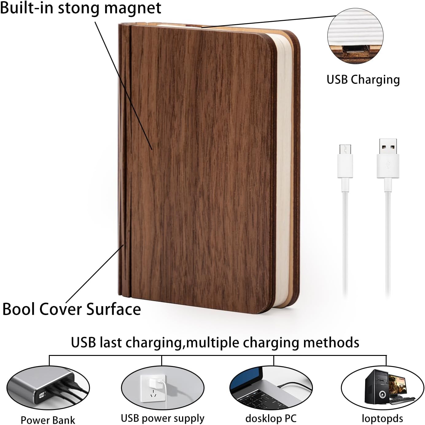 5.7 Inch Wooden Book Lamp - Portable Folding LED Book Light for Reading, Home & Library Decor, Unique Gift for Book Lovers, Magnetic Book-Shaped Night Light