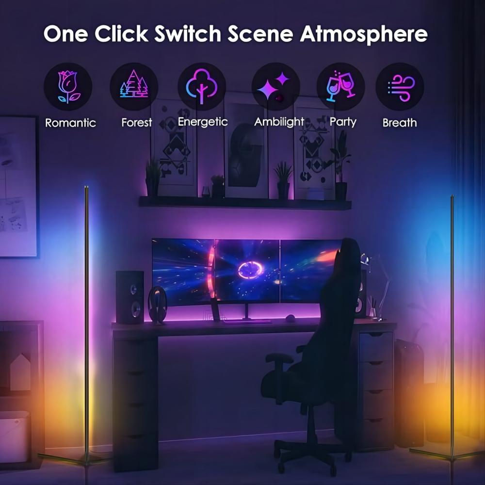 Floor Lamp Basic, LED Corner Lamp, Smart Modern Floor Lamp with Music Sync and 16 Million DIY Colors, Color Changing Standing Lamp for Bedroom Living Room Black