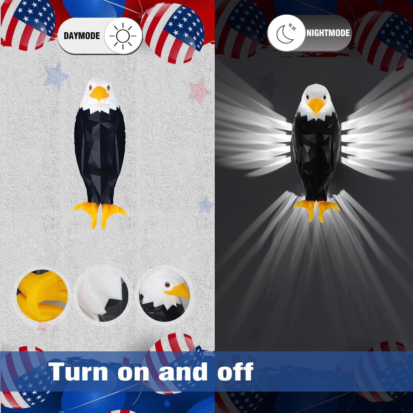 Bald Eagle Wall Light 8 Colors & 4 Modes, Magnetic Mounted, Motion Sensor, Timer, Type-C Rechargeable Night Light for Bedroom, Living Room, Gaming & Gift