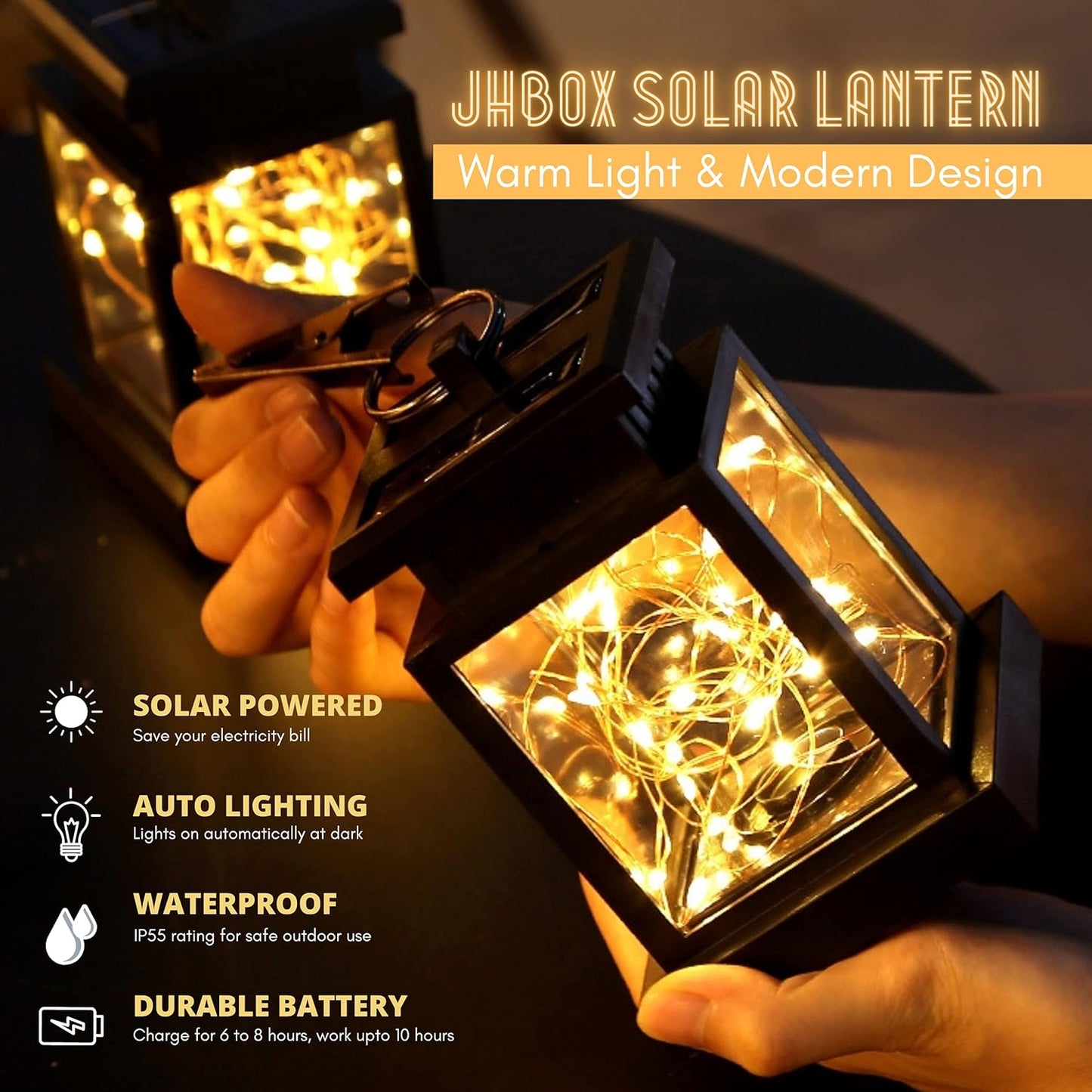 Luxe Noir Solar Hanging Lanterns, IP65 Waterproof