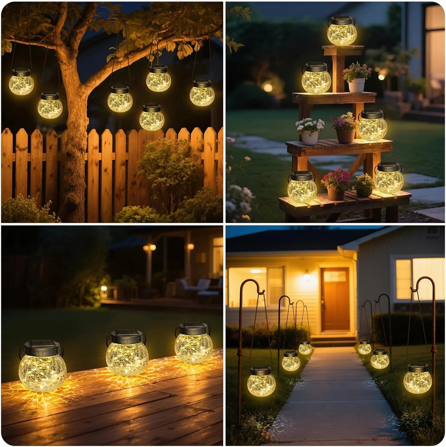Solar Lanterns Outdoor Waterproof 2 Pack, Hanging Solar Lights with 30 LED, Cracked Glass Hanging Globes for Garden Patio Fence Yard Christmas Tree Decoration
