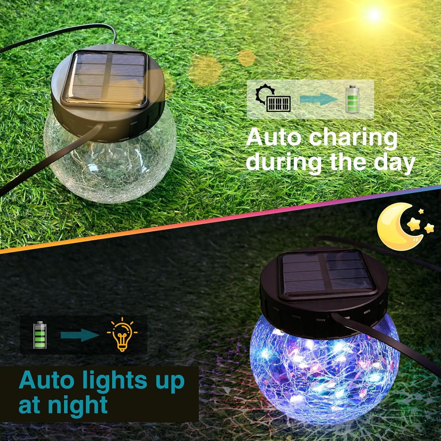 Solar Lanterns Outdoor Waterproof 2 Pack, Hanging Solar Lights with 30 LED, Cracked Glass Hanging Globes for Garden Patio Fence Yard Christmas Tree Decoration