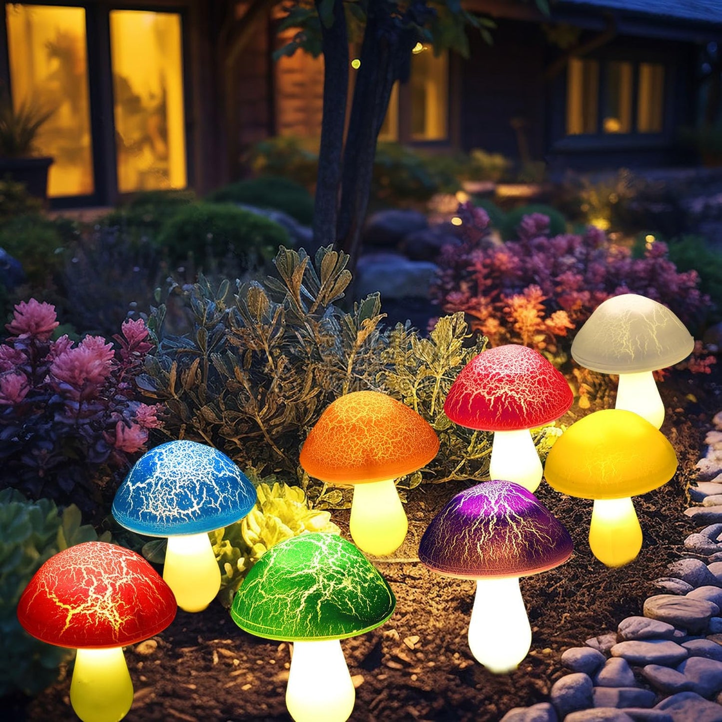Solar Garden Decor Lights 8 Crack Mushrooms Outdoor Decor Stake Lights, Waterproof Solar Pathway Light Gardening Gifts for Garden Gnomes Backyard Flower Bed Christmas Decorations