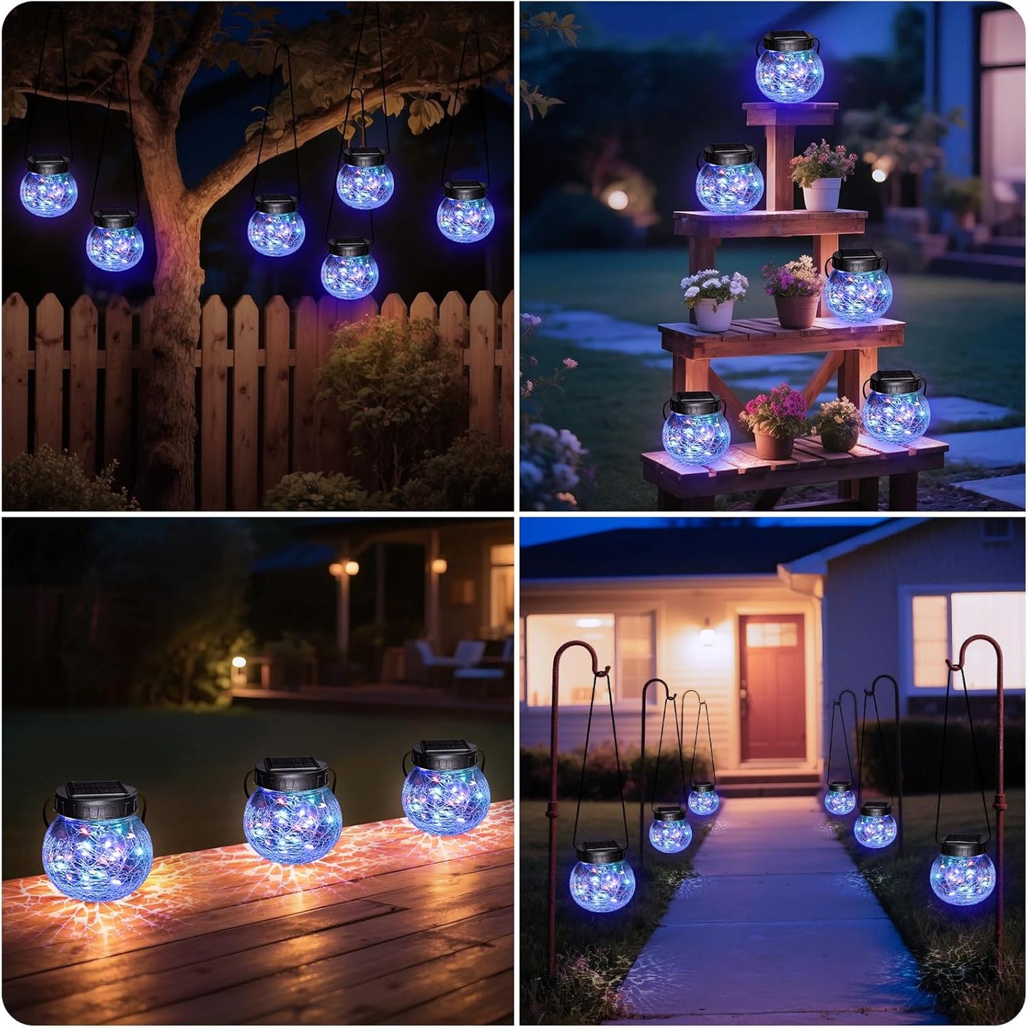 Solar Lanterns Outdoor Waterproof 2 Pack, Hanging Solar Lights with 30 LED, Cracked Glass Hanging Globes for Garden Patio Fence Yard Christmas Tree Decoration