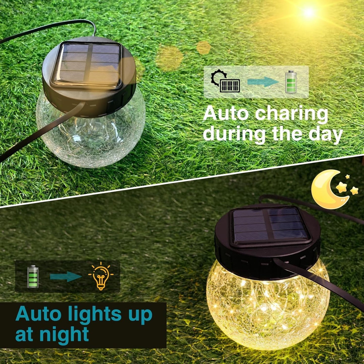 Solar Lanterns Outdoor Waterproof 2 Pack, Hanging Solar Lights with 30 LED, Cracked Glass Hanging Globes for Garden Patio Fence Yard Christmas Tree Decoration