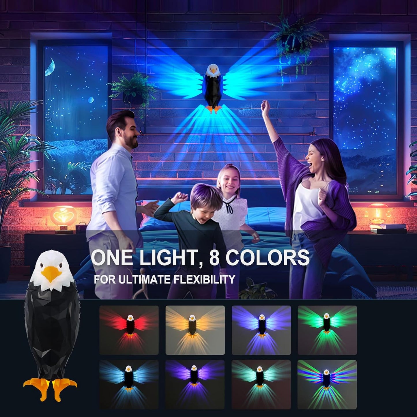 Bald Eagle Wall Light 8 Colors & 4 Modes, Magnetic Mounted, Motion Sensor, Timer, Type-C Rechargeable Night Light for Bedroom, Living Room, Gaming & Gift