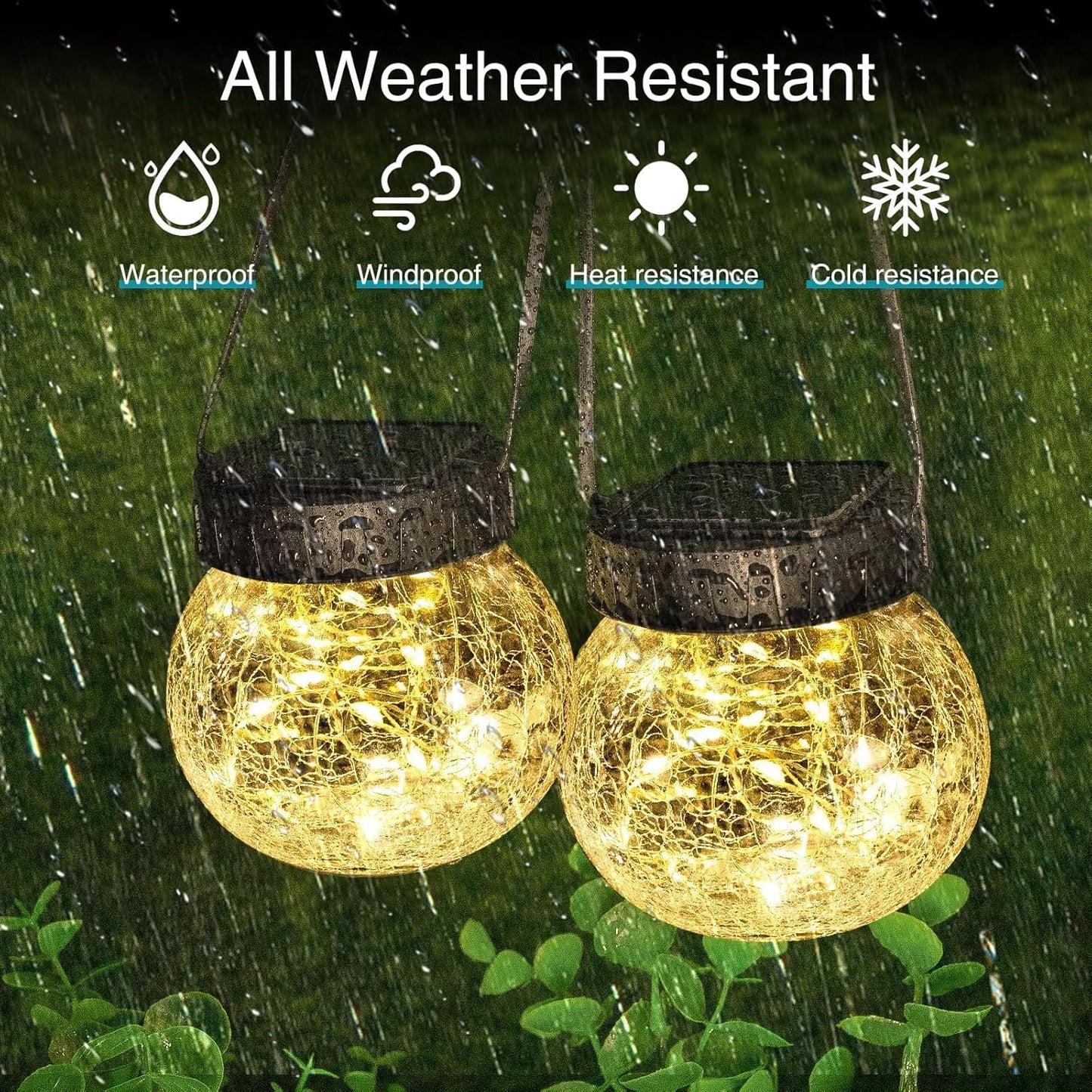 Solar Lanterns Outdoor Waterproof 2 Pack, Hanging Solar Lights with 30 LED, Cracked Glass Hanging Globes for Garden Patio Fence Yard Christmas Tree Decoration