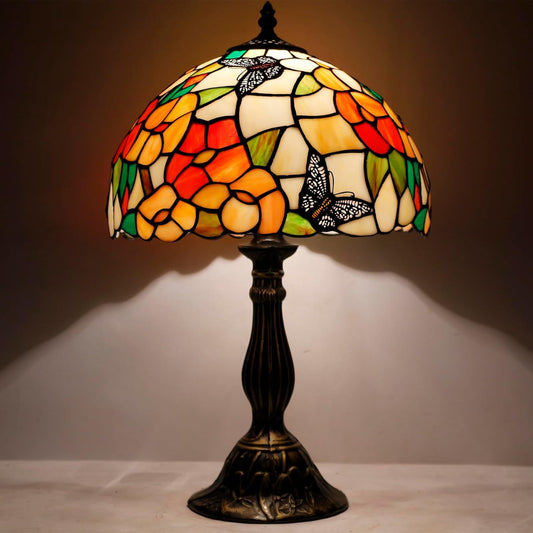 Tiffany Table Lamp Bedside Pink Stained Glass Lamp Butterfly Style Reading Desk Light 12X12X18 Inches Decor Bedroom Living Room Home Office