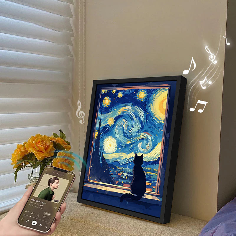 Cat Painting Night Light with Bluetooth Speaker Plug-in LED Art Frame for Bedroom Desk or Gift