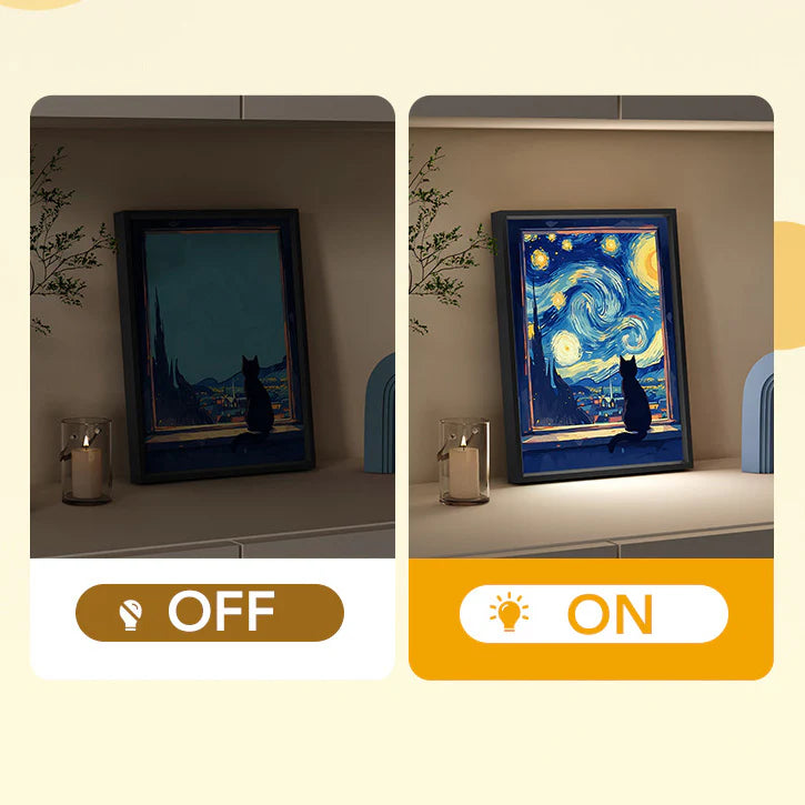 Cat Painting Night Light with Bluetooth Speaker Plug-in LED Art Frame for Bedroom Desk or Gift