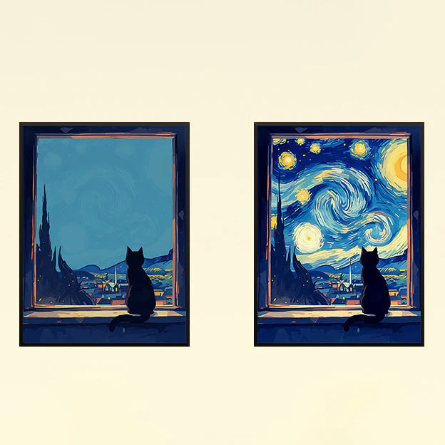 Cat Painting Night Light with Bluetooth Speaker Plug-in LED Art Frame for Bedroom Desk or Gift