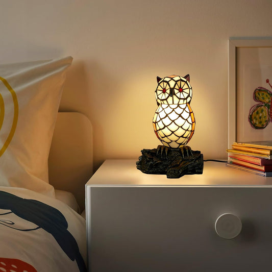 Cute Owl Lamp Tiffany Style Stained Glass Table Lamp Cute Animal Shape Table Lamp Night Light, 8.7 inch Tall, LED Bulb Included, for Home Room Decor, Gift
