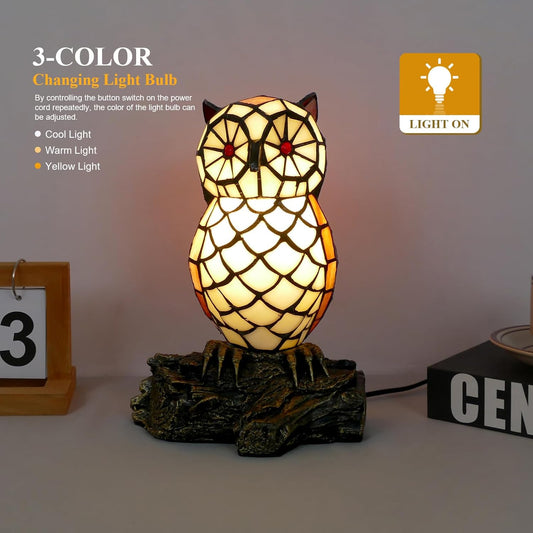 Cute Owl Lamp Tiffany Style Stained Glass Table Lamp Cute Animal Shape Table Lamp Night Light, 8.7 inch Tall, LED Bulb Included, for Home Room Decor, Gift