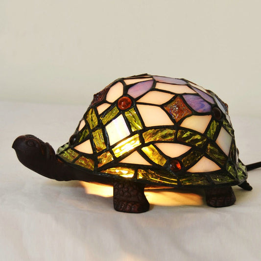 Tortoise Tiffany Style Stained Glass Accent Table Lamp Night Light for Bedside Living Room (Brown flower color)