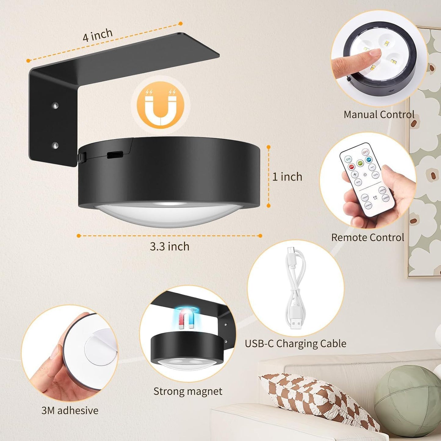 Picture Lights for Wall, 1000mAh Rechargeable Battery Magnetic Poster Lights with 3 Color Temps & 12 RGB, Remote Dimmable Timer Painting Light, Wall Decor Light for Art Display, Frame (3 Pack)