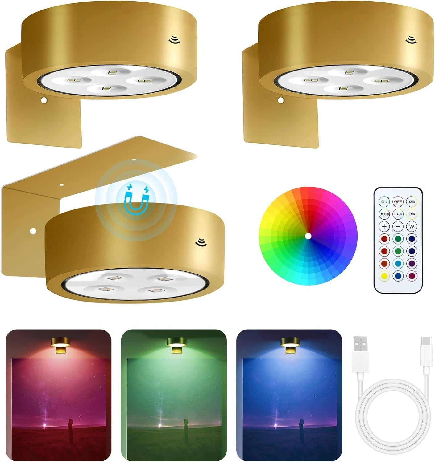 Picture Lights for Wall, 1000mAh Rechargeable Battery Magnetic Poster Lights with 3 Color Temps & 12 RGB, Remote Dimmable Timer Painting Light, Wall Decor Light for Art Display, Frame (3 Pack)