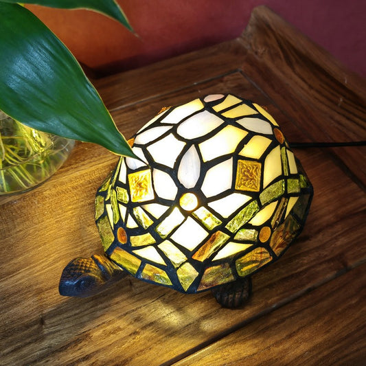 Tortoise Tiffany Style Stained Glass Accent Table Lamp Night Light for Bedside Living Room (Brown flower color)