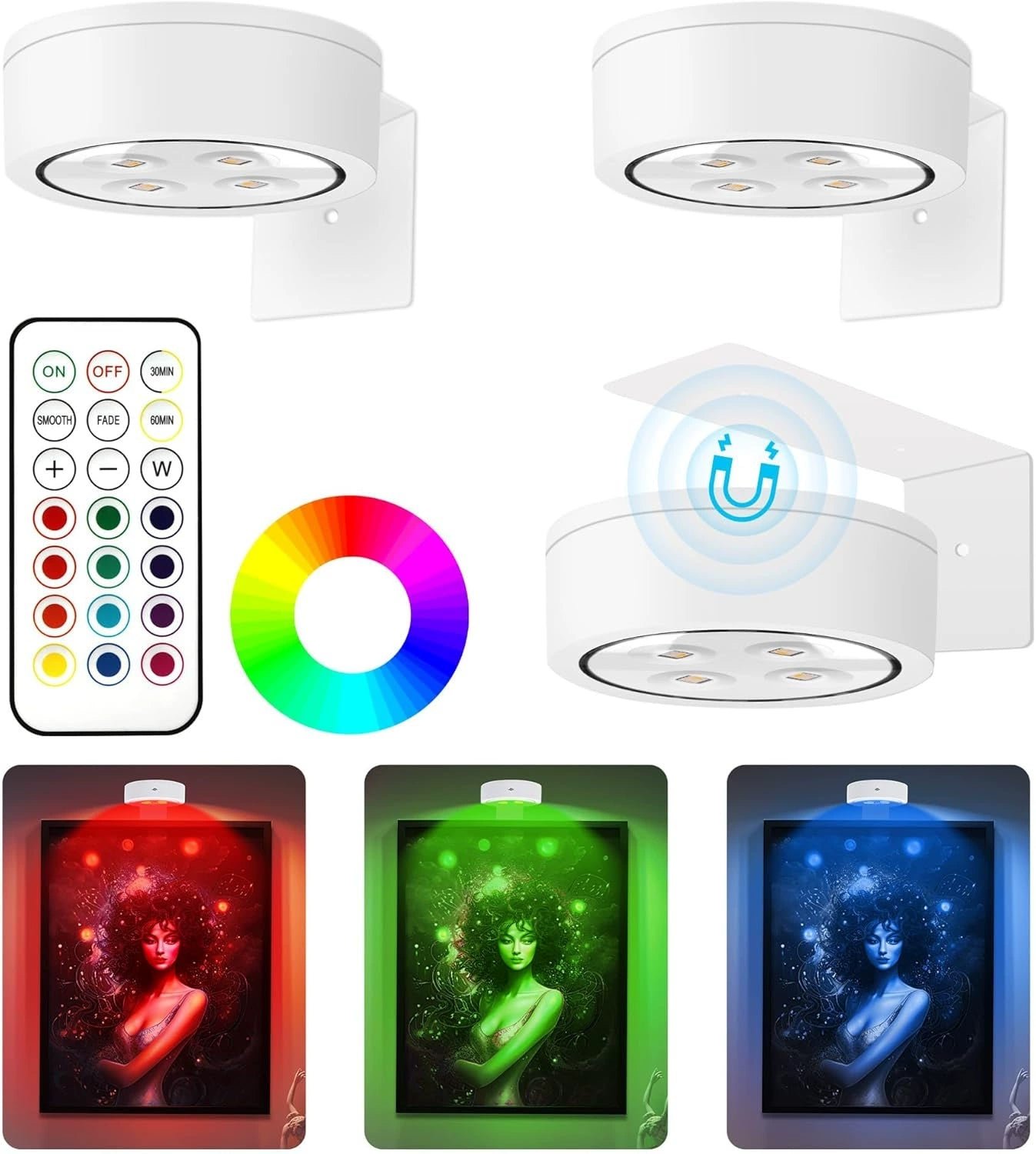 Picture Lights for Wall, 1000mAh Rechargeable Battery Magnetic Poster Lights with 3 Color Temps & 12 RGB, Remote Dimmable Timer Painting Light, Wall Decor Light for Art Display, Frame (3 Pack)