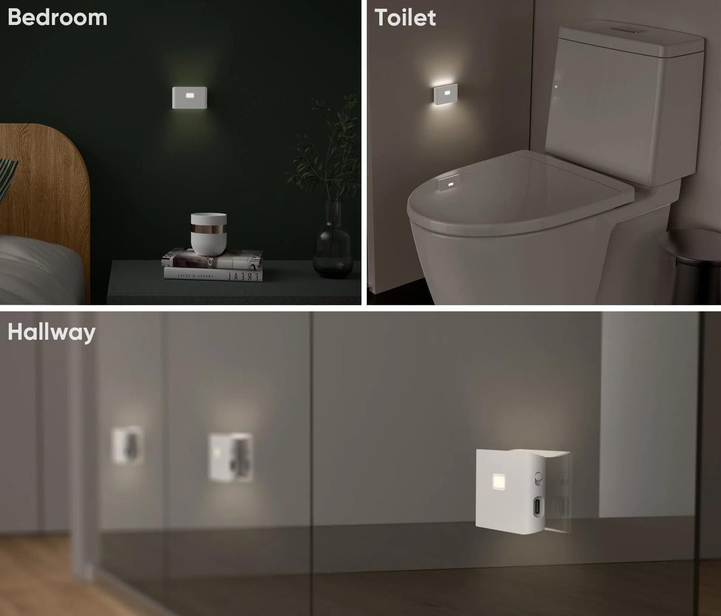 Rechargeable Night Lights with Dusk to Dawn & Motion Sensors, Warm & Soft White Stair Lights for Bathroom, Hallway, Linkable, Magnetic Mount, 2 Pack