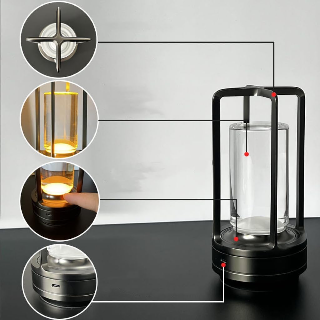 Portable Metal Table Lamp for Indoor/Outdoor ,Rechargeable Cordless LED Lamp, 3-Colour Infinitely Dimming Battery Powered Small Desk Lamp, Restaurant/Bedroom/Bar/Coffee Shop/Camping Light