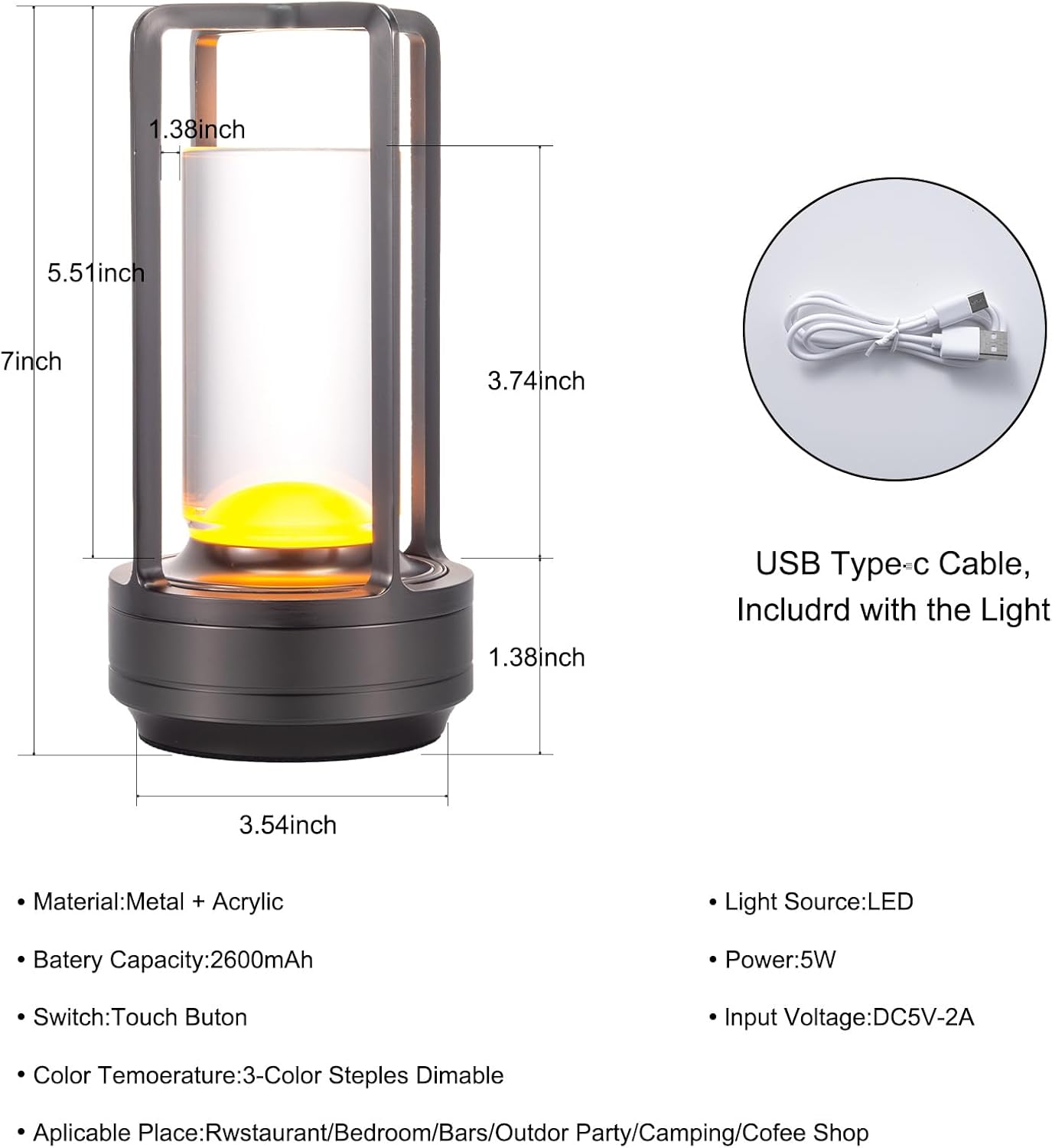 Portable Metal Table Lamp for Indoor/Outdoor ,Rechargeable Cordless LED Lamp, 3-Colour Infinitely Dimming Battery Powered Small Desk Lamp, Restaurant/Bedroom/Bar/Coffee Shop/Camping Light
