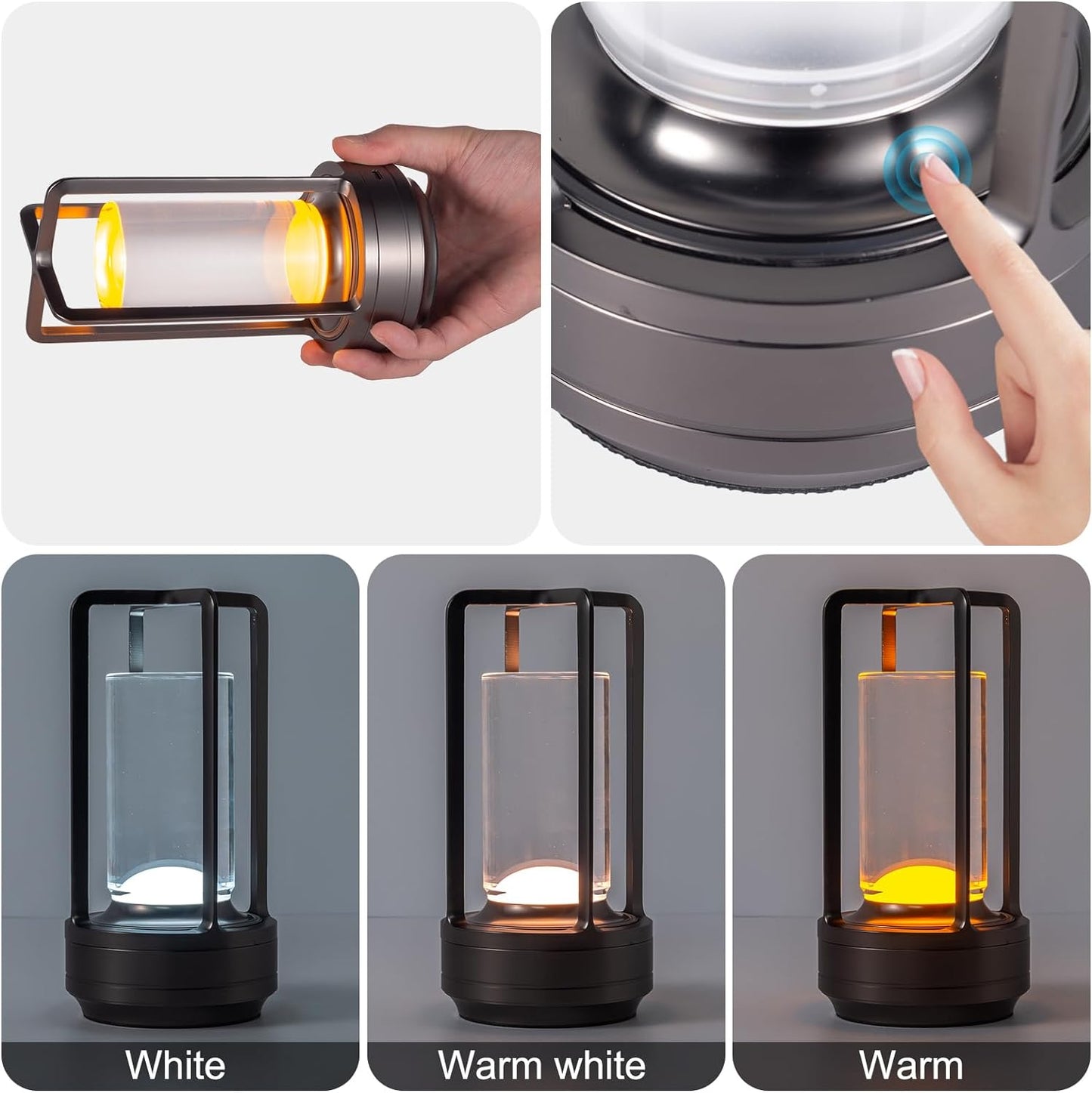 Portable Metal Table Lamp for Indoor/Outdoor ,Rechargeable Cordless LED Lamp, 3-Colour Infinitely Dimming Battery Powered Small Desk Lamp, Restaurant/Bedroom/Bar/Coffee Shop/Camping Light