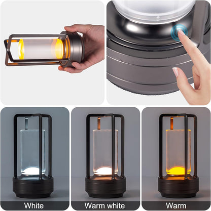 Portable Metal Table Lamp for Indoor/Outdoor ,Rechargeable Cordless LED Lamp, 3-Colour Infinitely Dimming Battery Powered Small Desk Lamp, Restaurant/Bedroom/Bar/Coffee Shop/Camping Light