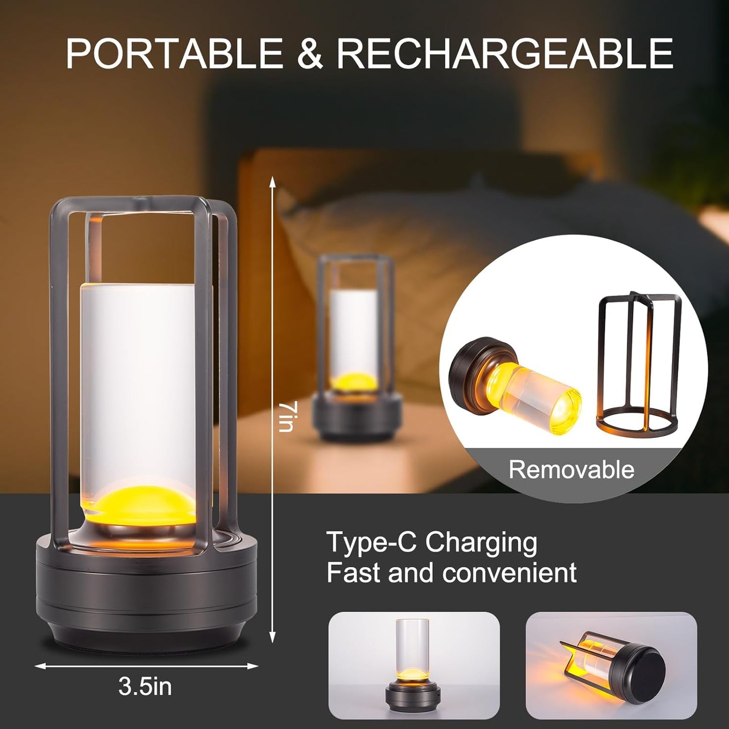 Portable Metal Table Lamp for Indoor/Outdoor ,Rechargeable Cordless LED Lamp, 3-Colour Infinitely Dimming Battery Powered Small Desk Lamp, Restaurant/Bedroom/Bar/Coffee Shop/Camping Light
