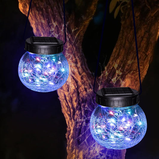 Solar Lanterns Outdoor Waterproof 2 Pack, Hanging Solar Lights with 30 LED, Cracked Glass Hanging Globes for Garden Patio Fence Yard Christmas Tree Decoration