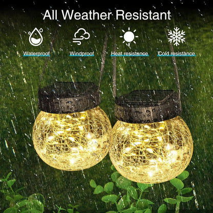 Solar Lanterns Outdoor Waterproof 2 Pack, Hanging Solar Lights with 30 LED, Cracked Glass Hanging Globes for Garden Patio Fence Yard Christmas Tree Decoration