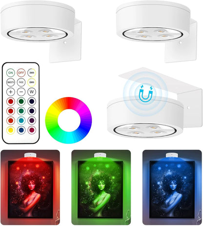 Picture Lights for Wall, 1000mAh Rechargeable Battery Magnetic Poster Lights with 3 Color Temps & 12 RGB, Remote Dimmable Timer Painting Light, Wall Decor Light for Art Display, Frame (3 Pack)