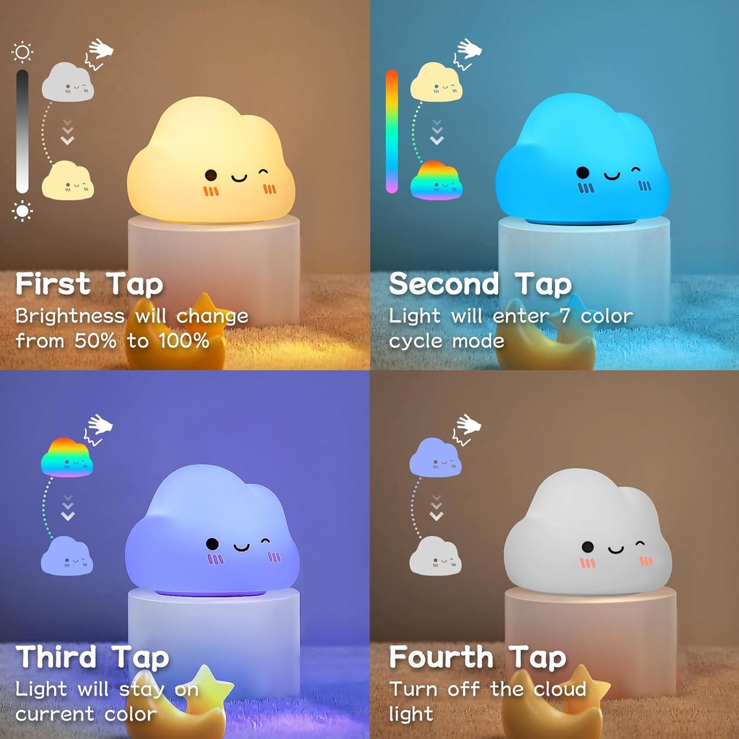 Squishy Silicone Smiling Clouds LED Night Light - Perfect Gift for Kids and Girls
